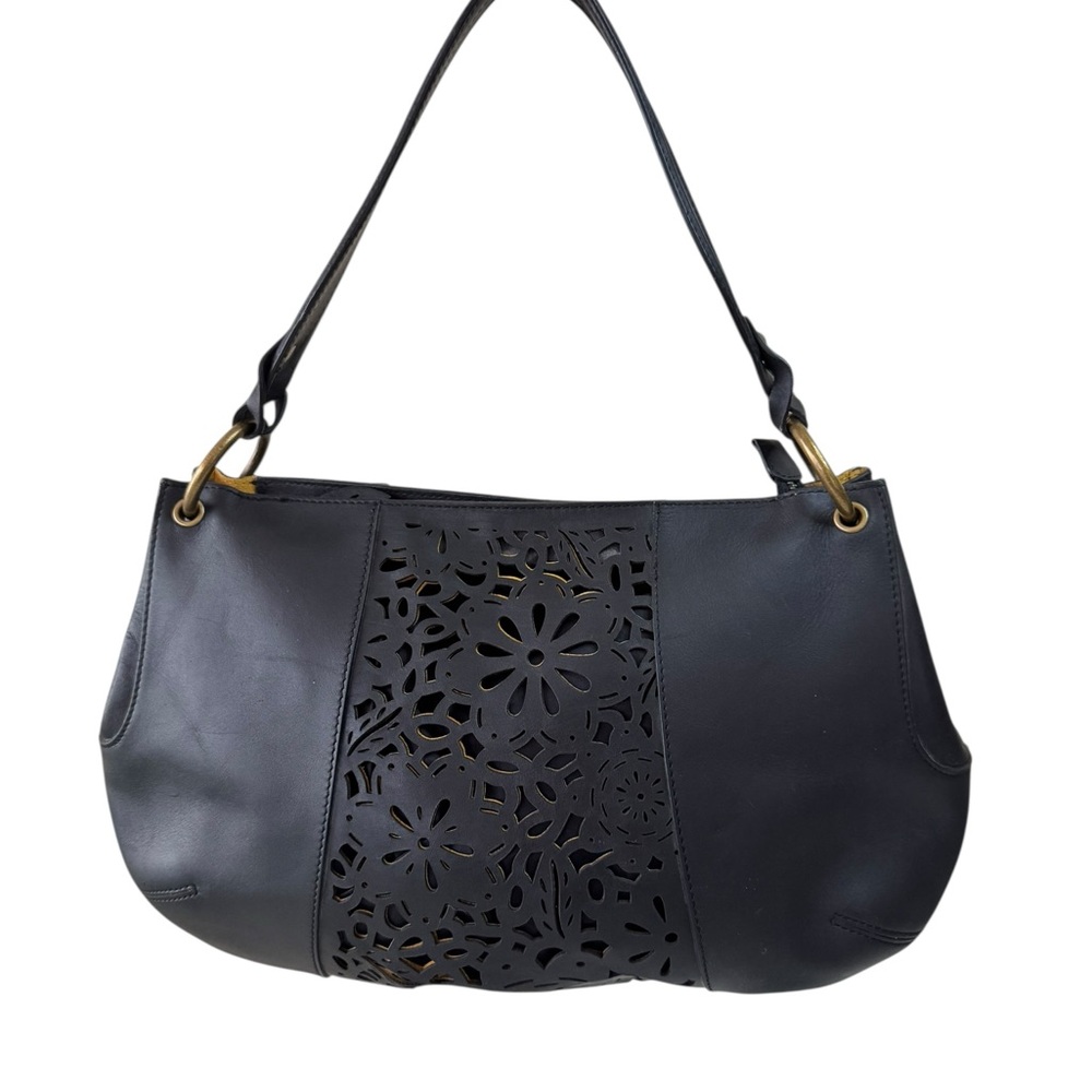 Via Spiga Women's Yvette Black Laser Cut Genuine Leather Elegant Shoulder Bag